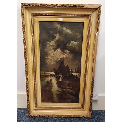 1136 - GILT FRAMED OIL PAINTING OF A DUTCH COASTAL SCENE, UNSIGNED, 60 X 29.5 CM, MISSING GILT FRAMING INCL... 