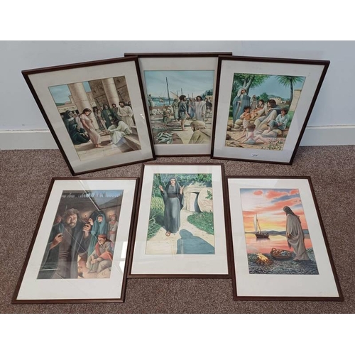 1139 - JR WARD, 6 FRAMED RELIGIOUS THEMED PRINTS DEPICTING JESUS AND OTHER BIBLICAL FIGURES AND SCENES,  42... 