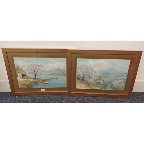 1142 - S TOSUKE,  A JAPANESE FISHING VILLAGE & A JAPANESE FARMING SCENE SIGNED  2 FRAMED WATERCOLOURS,   32... 