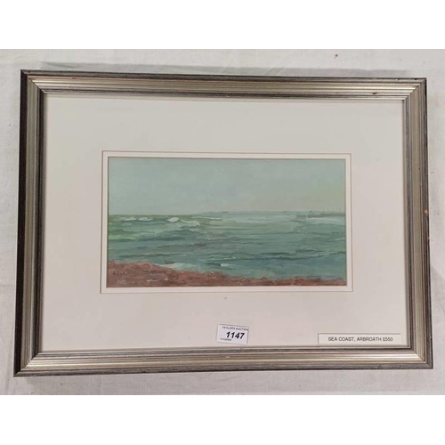 1147 - IRENE HALLIDAY SEA COAST ARBROATH GOUACHE SIGNED 16 X 30 CM