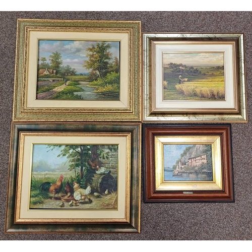 1163 - 4 FRAMED OIL PAINTINGS TO INCLUDE; SERGIO COZZUOL, ITALIAN COASTAL SCENE, SIGNED, & 3 OTHERS OF VARI... 