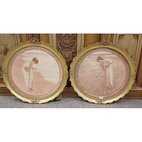 1164 - PAIR OF CIRCULAR GILT FRAMED PICTURES OF 2 FIGURES, 50CM DIAMETER (INSIDE FRAMED)