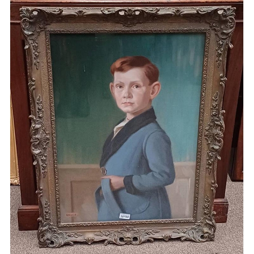 1165 - GILT FRAMED OIL PAINTING, PORTRAIT OF A YOUNG BOY WEARING A JACKET, SIGNED BRUCE, 69 X 49 CM