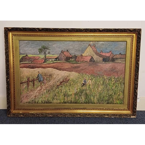 1167 - FARMYARD SCENE WITH CHILDREN MONOGRAMMED F.S GILT FRAMED OIL PAINTING 60 X 99 CM