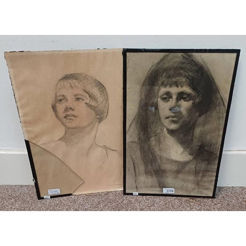 1170 - LILLIAN C ROBB  PORTRAITS OF LADYS SIGNED 2 PENCIL DRAWINGS OVERALL SIZE 47 X 30 CM