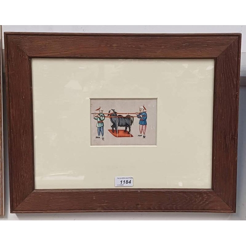 1184 - 19TH CENTURY CHINESE WATERCOLOUR ON SILK OF TWO MAN CARRYING A CEREMONIAL BULLOCK - 10 X 14CM