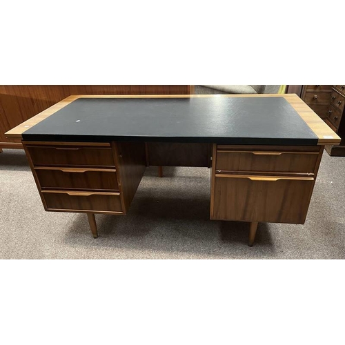 12 - TEAK KNEEHOLE DESK WITH BLACK LEATHERETTE INSET TOP & 5 DRAWERS ON TAPERED SUPPORTS, 75CM TALL X 160... 