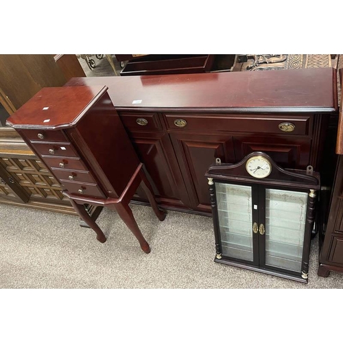 120 - MAHOGANY JEWELLERY CABINET WITH 5 DRAWERS ON STAND, MAHOGANY CABINET WITH 2 DRAWERS OVER 2 PANEL DOO... 