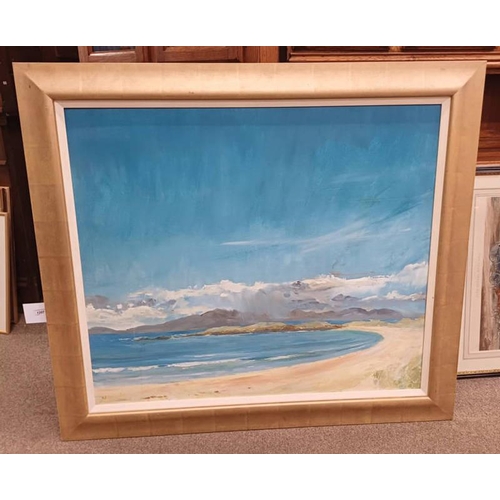 1207 - 20TH CENTURY SCOTTISH SCHOOL, 'WEST COAST BEACH SCENE' INITIALLED RI GILT FRAMED OIL PAINTING 92 CM ... 