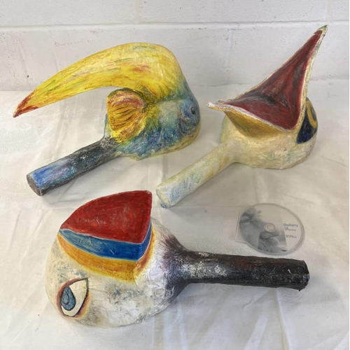 1213A - 3 HAND PAINTED PAPIER MACHIE BIRDS HEAD MASKS USED IN THE MAKING OF FILM ON JOHN BELLANYS LIFE BY EY... 