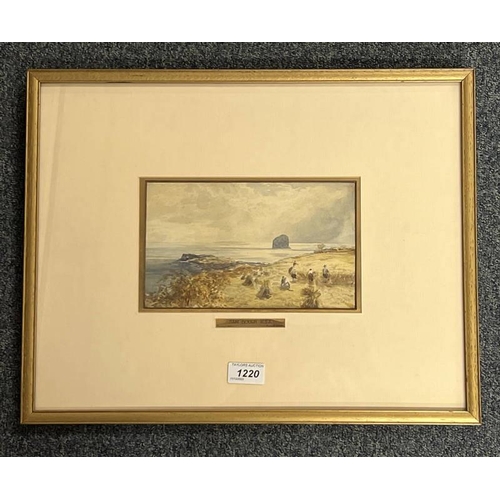 1220 - ATTRIBUTED TO SAM BOUGH 'BASS ROCK' INITIALLED GILT FRAMED WATERCOLOUR 13CM X 22 CM