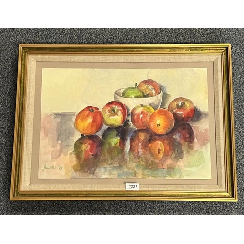 1221 - JAMES REVILLE 'APPLES' SIGNED FRAMED WATERCOLOUR 34 CM X 51 CM