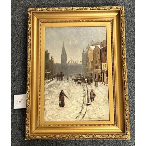 1222 - RG HUTCHISON 'HIGH STREET, EDINBURGH IN WINTER' BEARS SIGNATURE WITH LABELS TO REVERSE GILT FRAMED O... 