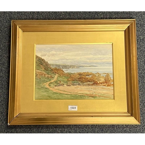 1223 - JOHN MITCHELL 'LOOKING UP THE COAST' SIGNED GILT FRAMED WATERCOLOUR 24 X 34 CM