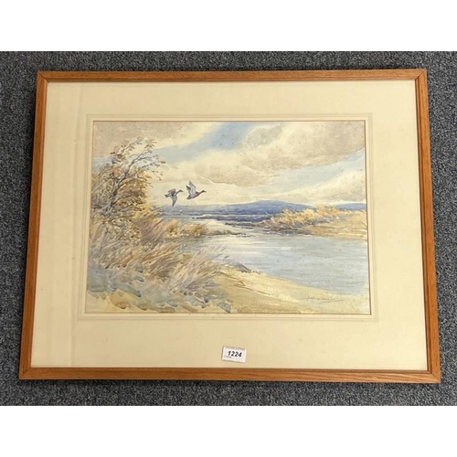 1224 - JACKSON SIMPSON 'DUCKS IN FLIGHT' SIGNED FRAMED WATERCOLOUR 33 X 48 CM