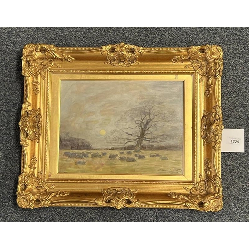 1229 - ALEXANDER BROWNLIE DOCHERTY 'SHEEP BENEATH THE TREE' SIGNED GILT FRAMED OIL PAINTING 26 X 35 CM