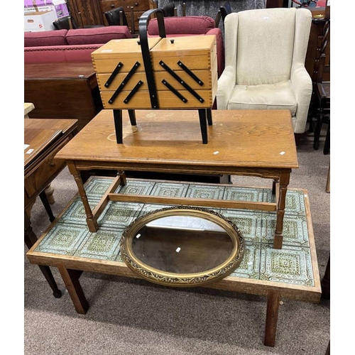 132 - TILE TOPPED TEAK COFFEE TABLE, EXPANDING SEWING BOX, GILT MIRROR, ETC