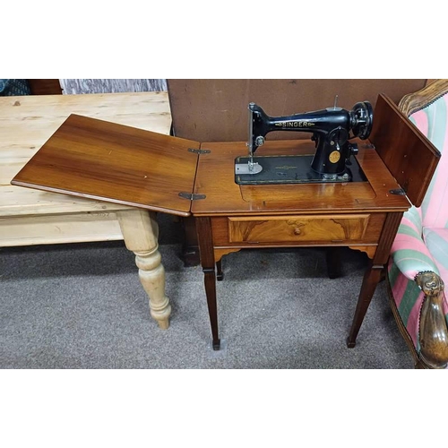 135 - WALNUT CASED SINGER SEWING MACHINE, MACHINE NO. EF 541184