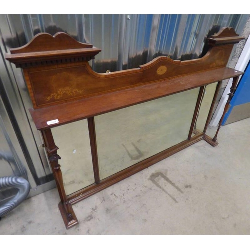 138 - 20TH CENTURY MAHOGANY OVERMANTLE MIRROR WITH DECORATIVE BOXWOOD INLAY INNER DIMENSIONS.  57 CM  TALL... 