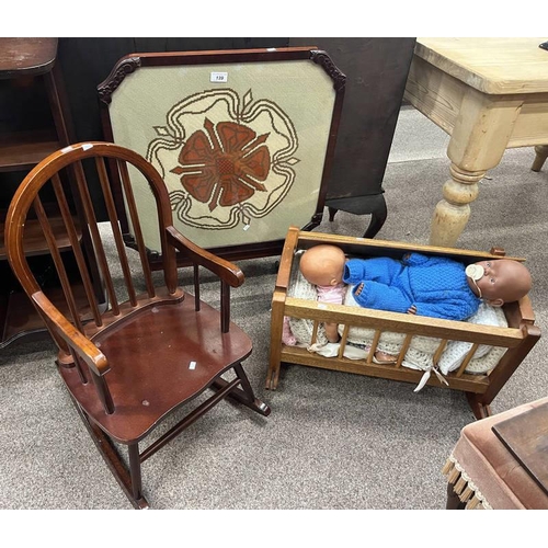 139 - CHILDS ROCKING CHAIR, TAPESTRY TOPPED FLIP TABLE & CRADLE WITH DOLLS