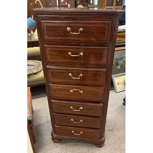 147 - 20TH CENTURY BRASS INLAID HARDWOOD CHEST OF 7 DRAWERS ON BRACKET SUPPORTS, 134CM TALL