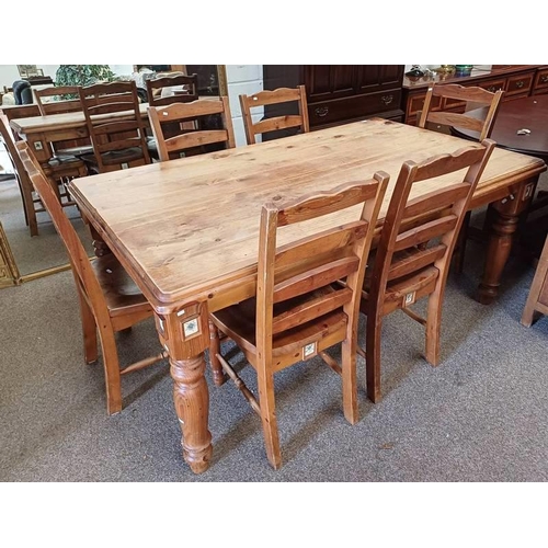 149 - PINE RECTANGULAR KITCHEN TABLE ON TURNED SUPPORTS & SET OF 6 PINE LADDERBACK CHAIRS ,  180 CM LONG