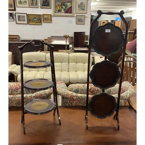 15 - 2 EARLY 20TH CENTURY MAHOGANY 3-TIER CAKESTANDS - TALLEST 98CM