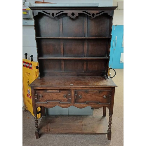 150 - 19TH CENTURY OAK DRESSER WITH SHELF BACK OVER BASE WITH 2 DRAWERS & UNDERSHELF ON TURNED SUPPORTS.  ... 