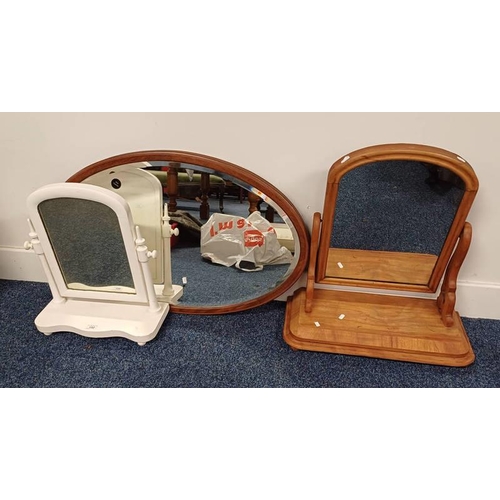 152 - MAHOGANY FRAMED OVAL MIRROR WITH BEVELLED EDGE, WALNUT DRESSING TABLE MIRROR & 1 OTHER DRESSING TABL... 