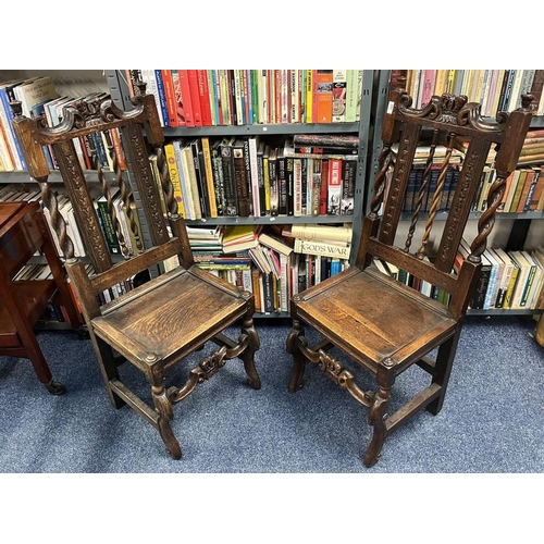 157 - PAIR OF 19TH CENTURY OAK CHAIRS WITH BARLEY TWIST DECORATION ON SHAPED SUPPORTS  119 CM TALL