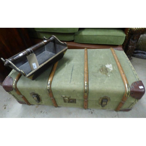 158 - WOOD BOUND CANVAS TRAVEL TRUNK & MAHOGANY & BRASS TRAY