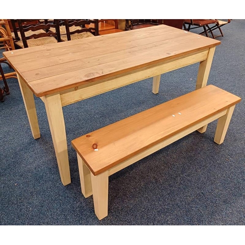 159 - PINE KITCHEN TABLE WITH PAINTED SUPPORTS & MATCHING BENCH - TABLE LENGTH 153CM