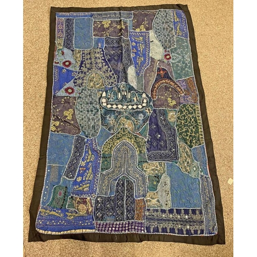 1590 - PATCH WORK QUILT, BLUE AND BLACK WITH VARIOUS SEQUINS ETC 150 X 100CM