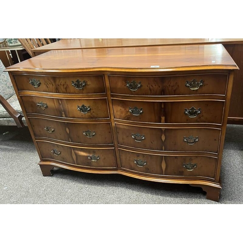 16 - YEW WOOD CHEST OF DRAWERS WITH SERPENTINE FRONT & 8 DRAWERS ON BRACKET SUPPORTS, 81CM TALL X 119CM W... 