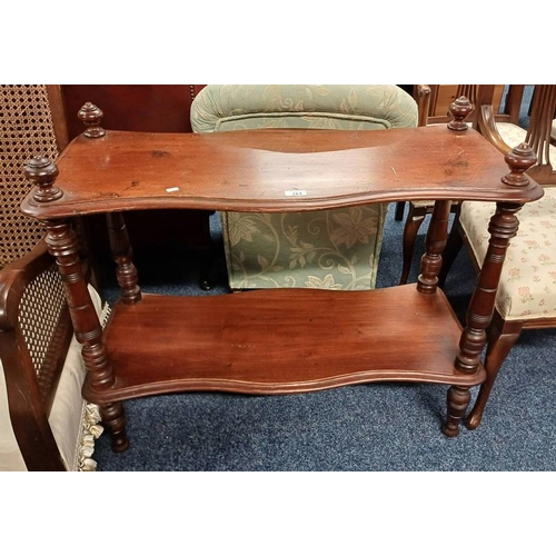 161 - 19TH CENTURY MAHOGANY 2 TIER WHAT-NOT WITH SHAPED FRONT ON TURNED SUPPORTS.  74 CM TALL X 90 CM WIDE