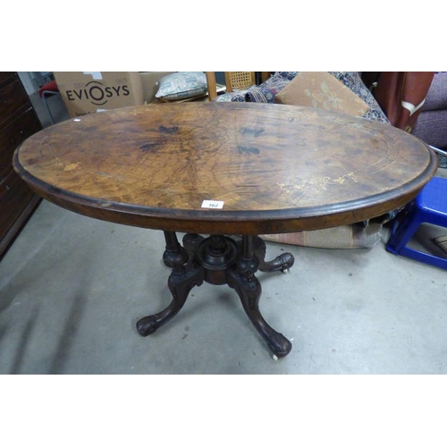 162 - 19TH CENTURY INLAID WALNUT OVAL TOPPED PEDESTAL TABLE ON 4 SPREADING SUPPORTS