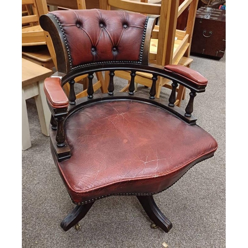 163 - RED LEATHER & MAHOGANY BUTTON BACK SWIVEL OFFICE CHAIR, 82CM TALL