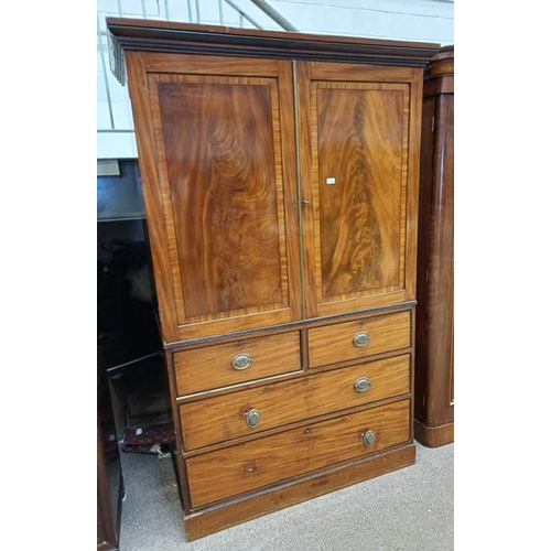 165 - 19TH CENTURY INLAID MAHOGANY LINEN PRESS WITH 2 PANEL DOORS OVER BASE WITH 2 SHORT OVER 2 LONG DRAWE... 