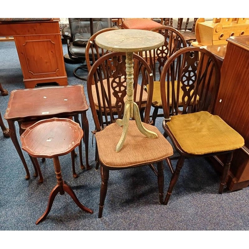 168 - SET OF 4 WHEEL BACK CHAIRS, NEST OF 3 MAHOGANY TABLES, ETC