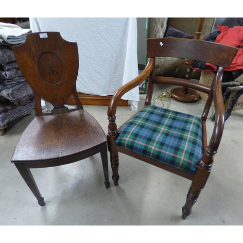 170 - MAHOGANY OPEN ARMCHAIR ON TURNED SUPPORTS & OAK HALL CHAIR WITH PAINTED TOWER TO BACK ON SQUARE TAPE... 