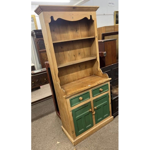 19 - 19TH CENTURY PINE KITCHEN DRESSER WITH SHELVED BACK OVER 2 DRAWERS WITH 2 PANELLED DOORS BELOW ON A ... 