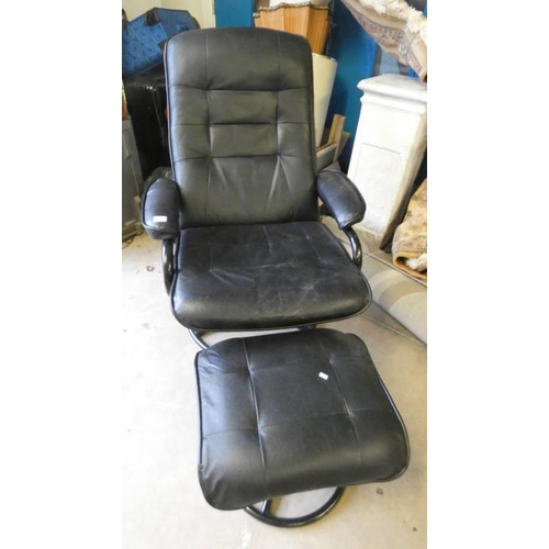 190 - BLACK LEATHERETTE SWIVEL RECLINING ARMCHAIR & MATCHING STOOL.