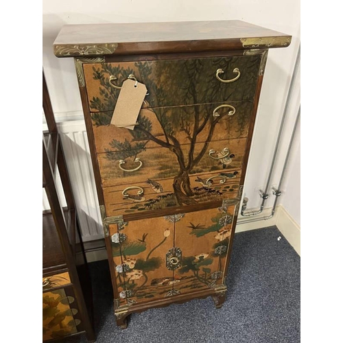 195 - ORIENTAL CABINET WITH BIRD & FLORAL DECORATION WITH 4 DRAWERS OVER 2 PANEL DOORS ON SHAPED SUPPORTS,... 