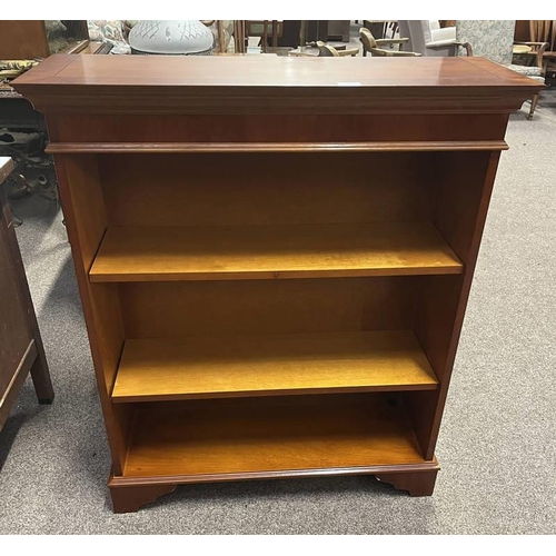 20 - 20TH CENTURY YEW WOOD OPEN BOOKCASE WITH ADJUSTABLE SHELVES ON BRACKET SUPPORTS, 106CM TALL X 88.5CM... 