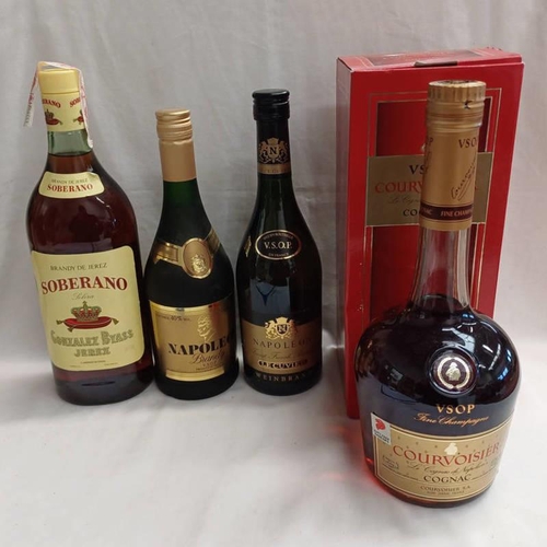 2007 - 1 BOTTLE COURVOISIER VSOP FINE CHAMPAGNE COGNAC - 1 LITRE, BOXED, 2 BOTTLES NAPOLEON BRANDY & 1 OTHE... 