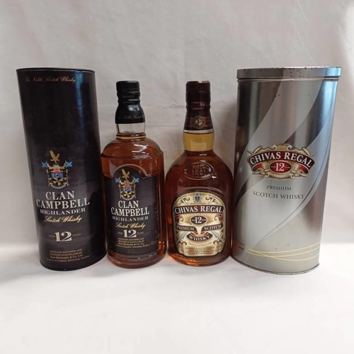 2011R - 2 BOTTLES OF BLENDED WHISKY: CLAN CAMPBELL 12 YEAR OLD - 700ML, 43% VOL. IN TUBE & CHIVAS REGAL 12 Y... 