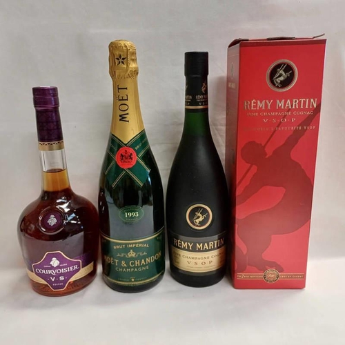 2011S - 3 BOTTLES: REMY MARTIN FINE CHAMPAGNE COGNAC V.S.O.P, BOXED, COURVOISIER COGNAC V.S & MOET & CHANDON... 