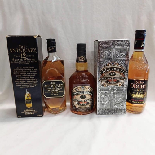 2013 - 3 BOTTLES BLENDED WHISKY: CHIVAS REGAL 12 YEAR OLD, THE ANTIQUARY - BOTH BOXED & GLEN ORCHY 8 YEAR O... 