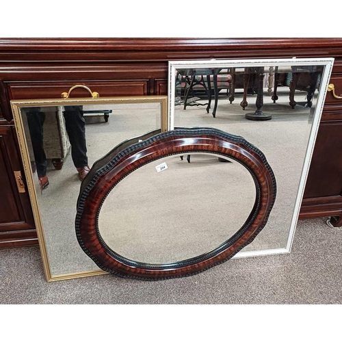 204 - MAHOGANY FRAMED OVAL MIRROR WITH BEVELLED EDGE, WHITE & GILT FRAMED RECTANGULAR MIRROR, & 1 OTHER