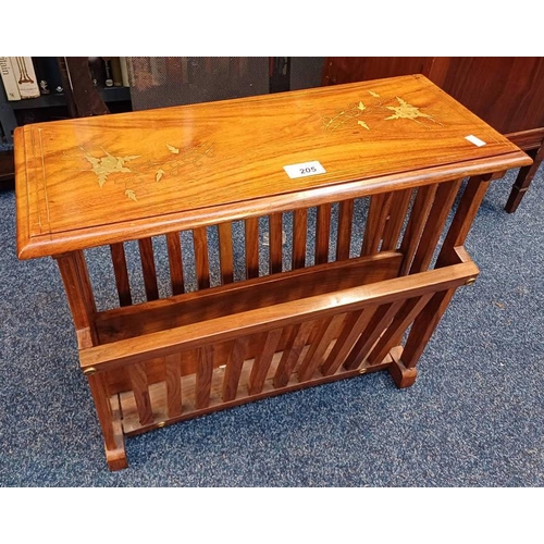 205 - HARDWOOD MAGAZINE RACK WITH DECORATIVE BRASS INLAY